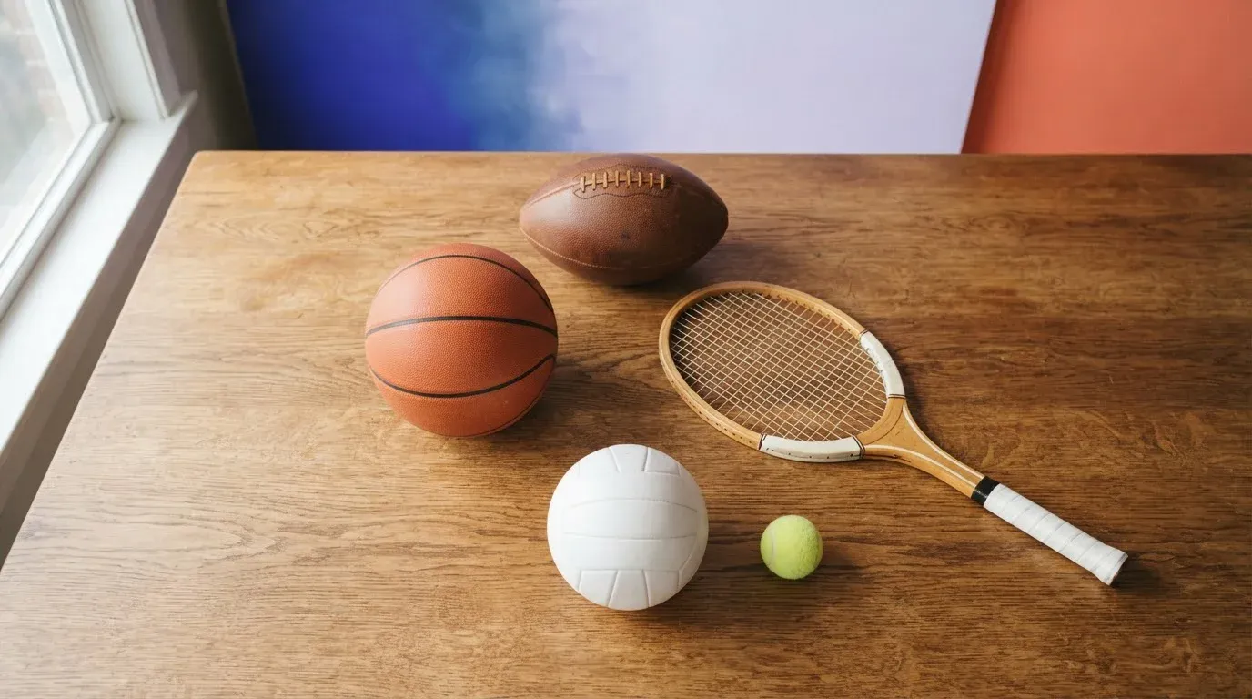 Fußball, Tennisschläger und Basketball auf einem Holztisch