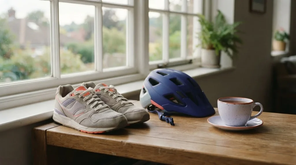 Sportschuhe Fahrradhelm und Tasse auf einem offenen Regal aus Holz