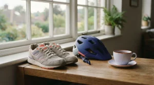 Sportschuhe Fahrradhelm und Tasse auf einem offenen Regal aus Holz